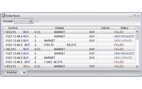 screenshot of order book displaying working orders for futures and options